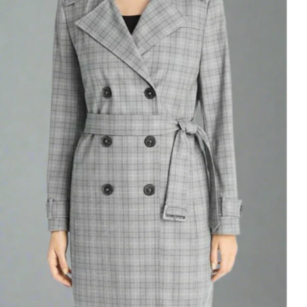 Elie Tahari Plaid Trench Coat Double Breasted Size Large Grey Preppy Classic